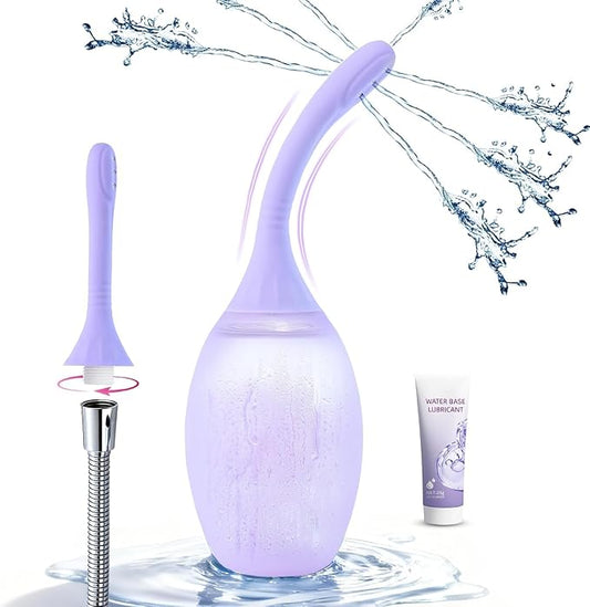 Enema Bulb Anal Douche Bottle for Colon Cleanse Men Women, Shower Enema Kit | Purple Enema with Lube Anal Cleanse Douche for Women, Removable Nozzle Connects to Shower Hose, Unlimited Water