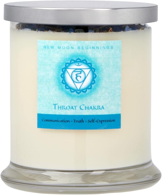 Throat Chakra Candle by New Moon Beginnings - Chakra Candles - Dried Flower, Herb, & Crystal Candles - Aromatherapy Candles - Soy Candle - 12oz Glass Jar