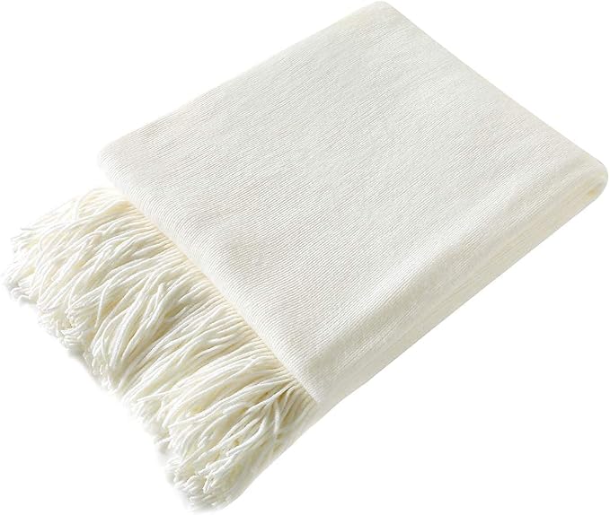 Homiest Ivory White Knitted Throw Blanket with Fringe, 60x80 Inch | Pure Acrylic, Lightweight & Breathable, All-Season Use, Machine Washable, Wrinkle & Fade Resistant, for Couch Sofa And Bed