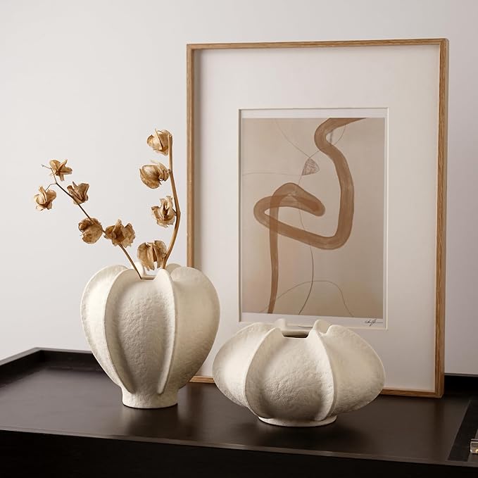 Ceramic Flower Vase Home Decor,3.9" Rustic Vintage Starfruit Shaped Beige Terracotta Vases，Modern Boho Living Room Farmhouse Table Vases Living Room Decor，Shelf Coffee Dining Desk Fireplace