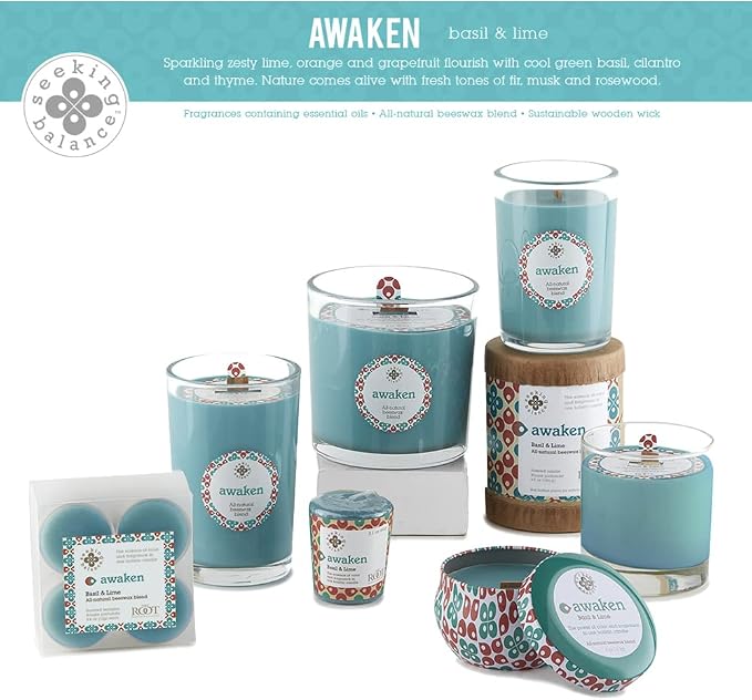 Root Candles Seeking Balance Wood Wick Spa Candle Aromatherapy Candles, 6.5-Ounce, Awaken: Basil & Lime