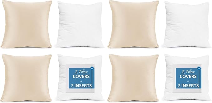 Throw Pillow Inserts Pack of 4 with Velvet Soft Solid Decorative Square Throw Pillow Covers Set for Sofa Couch Car Bedroom, 26X26 Throw Pillows Inserts with 24x24 Washable Cushion Covers, Beige Cream