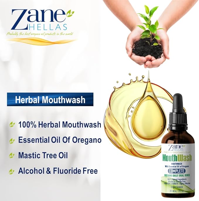 Zane Hellas MouthWash. Oral Rinse with Oregano Oil Power. Ideal for Gingivitis, Plaque, Dry Mouth, and Bad Breath. Alcohol and Fluoride Free. 100% Herbal Solution. 2 fl.oz.-60ml.