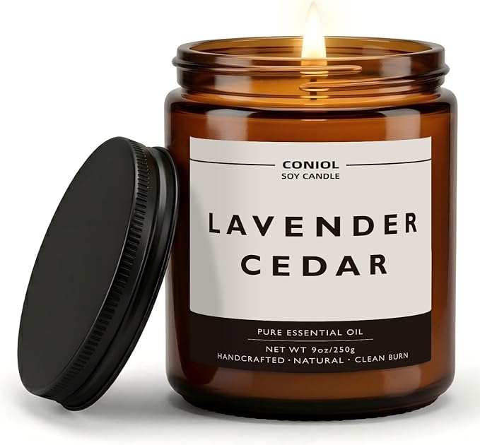 Lavender Cedar Scented Candles for Home, Natural Soy Wax Candle with Essential Oils, 9oz Amber Jar Aromatherapy Candel, 50H Long & Non-toxic Burning, Hand Poured, Giftable, Relaxation, Birthday