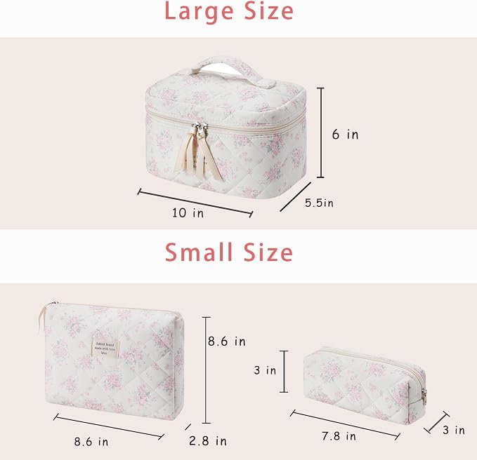 uekeboag Large Travel Quilted Makeup Bag for Women, Floral Cotton Cosmetic Bag, Coquette Aesthetic Floral Toiletry Organizer Bag
