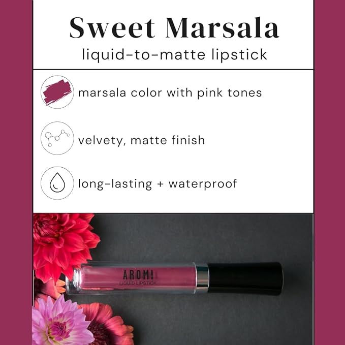 Aromi Rosy Burgundy Matte Liquid Lipstick | Long Wear, Pink Maroon Lip Color, Vegan, Cruelty-free, Waterproof, Gluten Free (Sweet Marsala)