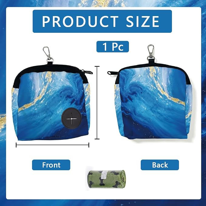 Dog Treat Pouch 5.12 x 4.72 Inch Treat Pouches for Pet Training Blue Marble Texture Polyester Portable Snack Reward Dog Food Dispenser with 1 Roll Garbage Bags for Traveling Outdoor Use