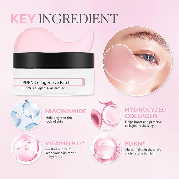 60 Pcs PDRN Collagen Eye Patches, Cooling Under Eye Patches for Puffy Eyes, Dark Circles, Fine Lines & Anti Wrinkle, with Niacinamide Hydra-Gel Collagen, Mothers Day Gifts