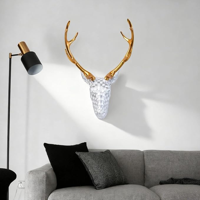 GIGICICI Mosaic Deer Head Wall Decor 15.7x8.7 Inch, Artistic Faux Resin Animal Head Wall Sculpture Hanging for Living Room Bedroom Kitchen Office, White-Silver Gift