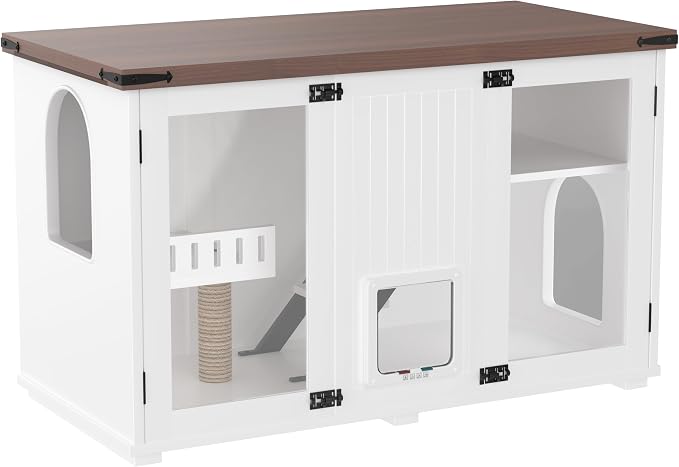 Large Cat Litter Box Enclosure with LED Light, 47.25 Inch Hidden Litter Box Furniture, Cat House with Stairs and Scratching Post, White Cabinet Side Table with Smart Doors