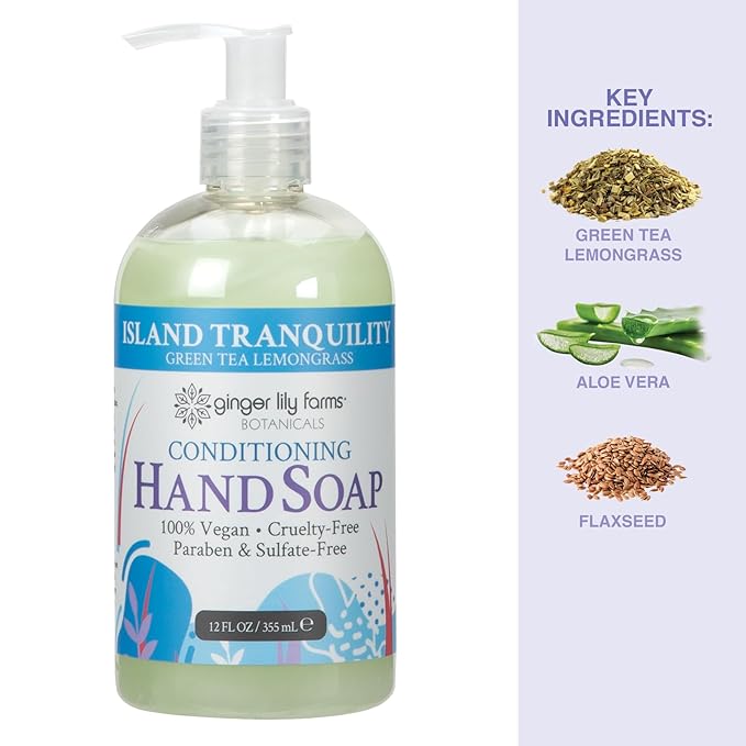 Ginger Lily Farms Botanicals Conditioning Liquid Hand Soap, Island Tranquility, 100% Vegan & Cruelty-Free, Green Tea Lemongrass Scent, 12 Fl Oz (Pack of 6)