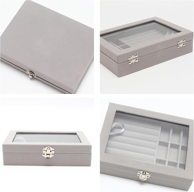 Small Velvet Jewelry Tray with Clear Lid, 2-in-1 Gray | Lockable Ring Earring Holder Organizer Storage Box Case Jewelry Box Organizer for Rings Earrings Bracelets Brooches