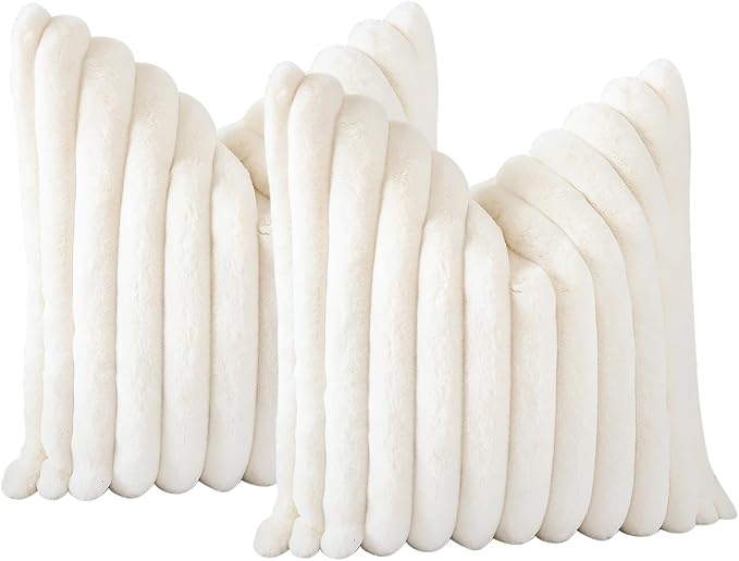 Soleebee Set of 2 Throw Pillow Covers Soft Cozy Velvet Pillowcase Faux Rabbit Fur Cover for Couch Sofa Bed Chair Home Decorative Pillows Cover (20x20 Inch, Beige White)