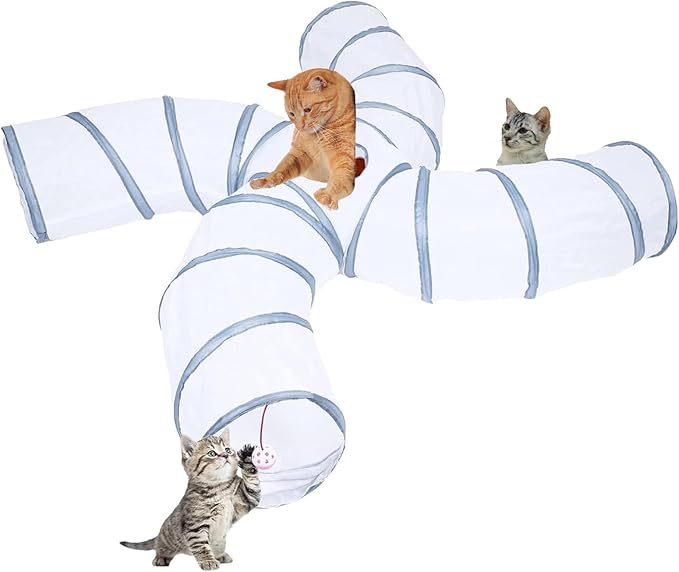 EGETOTA Cat Tunnel for Indoor Cats Large, with Play Ball S-Shape 4 Way Collapsible Interactive Peek Hole Pet Tube Toys, Puppy, Kitty, Kitten, Rabbit (S4 - White & Grey)