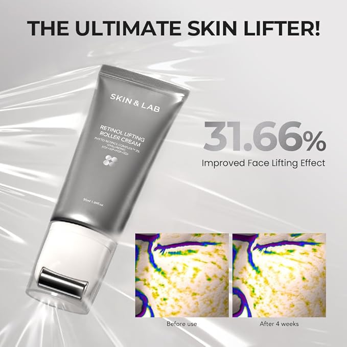 [SKIN&LAB] Retinol Lifting Roller Cream with Massage applicator, Vegan Anti Aging Face and Neck Cream for Reduce Wrinkles and Fine Line, For Face, Neck, Décolleté Wrinkle Care, 1.69 fl. oz.