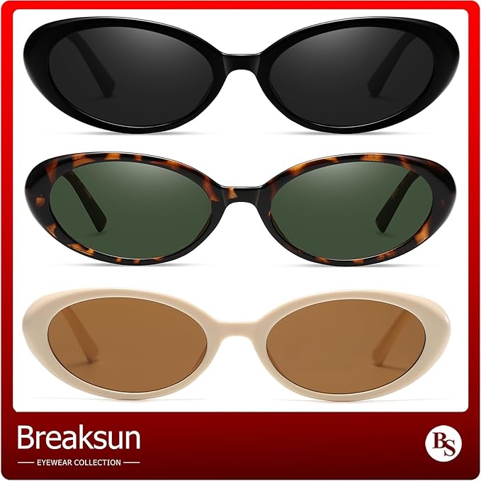 Breaksun Retro Oval Sunglasses for Women Men Fashion Small Oval Sunglasses 90s Vintage Shades