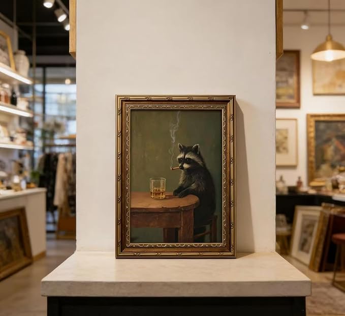 Vintage Gold Framed Smoking Raccoon Wall Art,Moody Dark Funny Animal Whiskey Cigar Canvas Print,Humor Funny Raccoon Wall Decor,Retro Bar Cart Poster Artwork,for Study Living Office Bar Decor