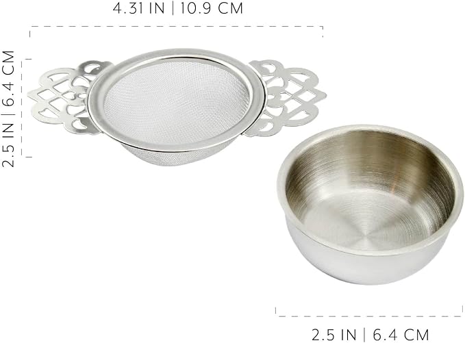 SOLSTICE TEA TRADERS Empress Tea Strainers with Drip Bowls (Pack of 2) Elegant Stainless Steel Loose Leaf Tea Strainers