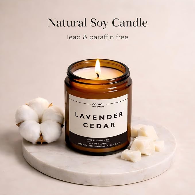 Lavender Cedar Scented Candles for Home, Natural Soy Wax Candle with Essential Oils, 9oz Amber Jar Aromatherapy Candel, 50H Long & Non-toxic Burning, Hand Poured, Giftable, Relaxation, Birthday