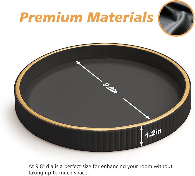 Leather Tray Desktop Storage Organizer, Round Valet Tray, Black | Premium Serving Trays Decorative Tray Desk Organizer for Sundries Cosmetics Phone Wallet Keys Cutlery, 10x10in