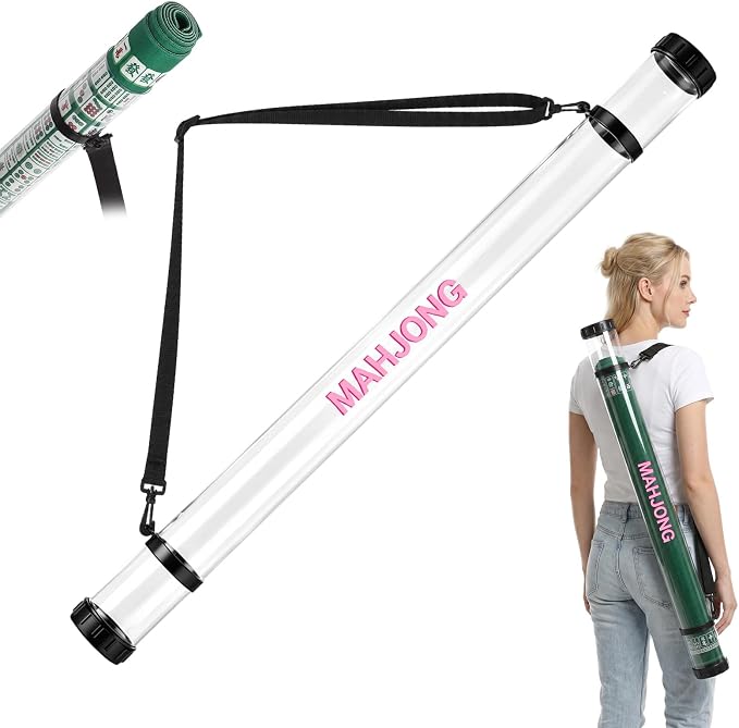 Gemscream 1 Pcs 37 Inch Mahjong Mat Storage Tube Plastic Waterproof Mahjong Mat Holder with Strap and Printed Outdoor Travel Storage Tube for Board Games Yoga Mats Tripod, Mats Not Include (Clear)