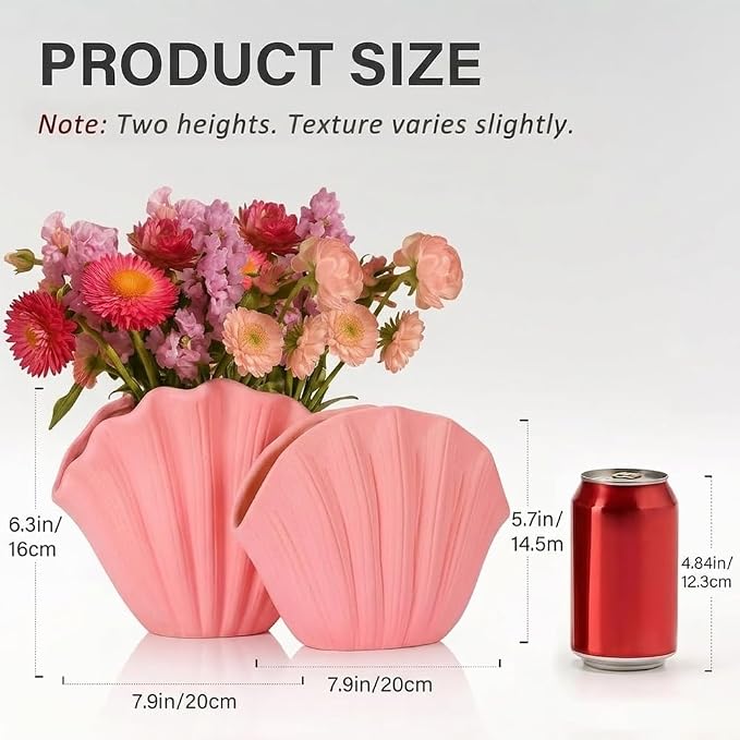 Shell-Shaped Vase for Living Room Decor, Ceramic Vases for Modern Home Decor, Unique Vase for Farmhouse Decor, Aesthetic Room Decor, Nordic Decor, Shelf Decor, Centerpiece Table Decor (Pink)