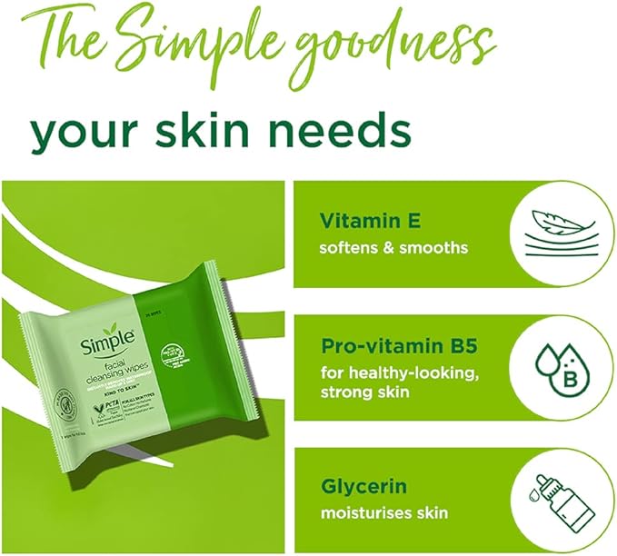 Simple Kind to Skin Cleansing Facial Wipes, 25 Count (Pack of 6)