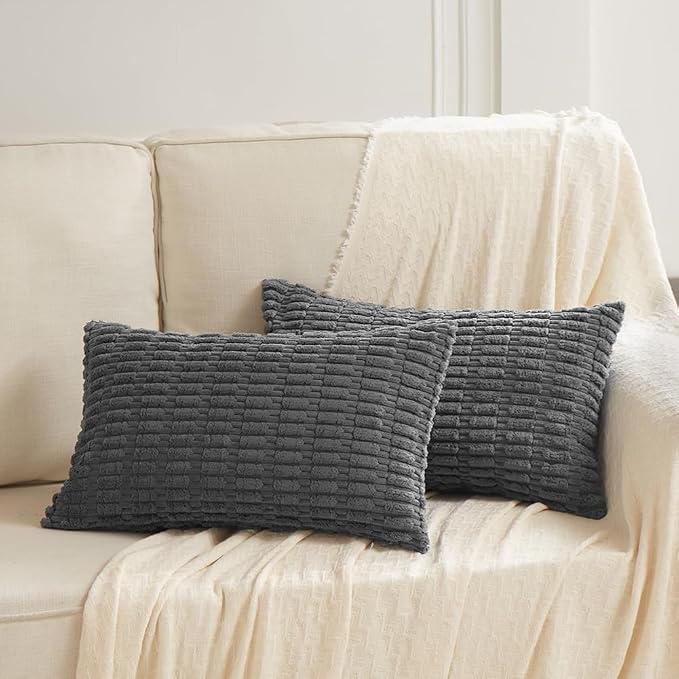 Fancy Homi Decorative Throw Pillow Covers for Bed Couch Bedroom Bench, Soft Corduroy Solid Pillow Case, Rustic Farmhouse Boho Room Decor,20" x 12" (Pack of 1),Dark Gray