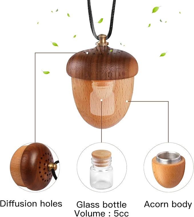 Maromalife Essential Oil Car Diffuser, Wooden Acorn Decor Cute Car Diffuser Air Freshener, Hanging Aromatherapy Diffuser Perfume Car Decoration, Gift for Women/Men, Christmas, Birthday