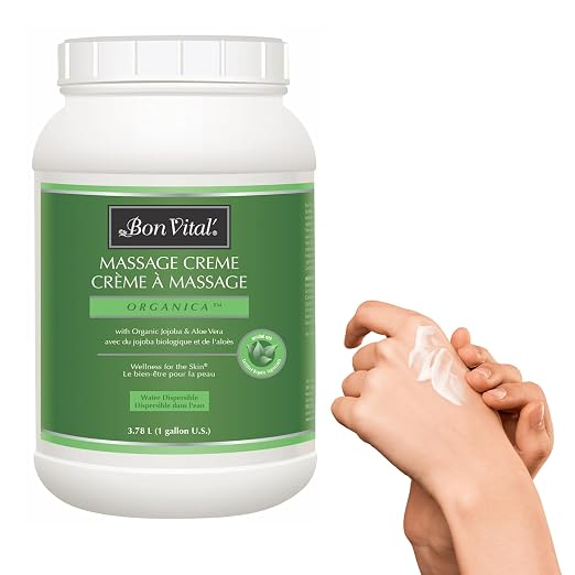 Bon Vital' Organica Organic Massage Creme, 1 Gallon, Organic Jojoba Oil, Non-Greasy, Hypoallergenic, Cream For Sensitive Skin, Massage Therapy & Muscle Relaxation, Spa Quality