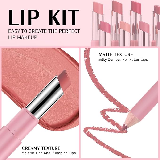 6Pcs Nude Brown Red Matte Lip Liner & Lipstick Combo Set,Lips Kit with Lip Liner Lip Stains Long Lasting Waterproof Smudge Proof for Older Women 24 Hours Lipliners Pencil Lipstick Makeup Gift Kit