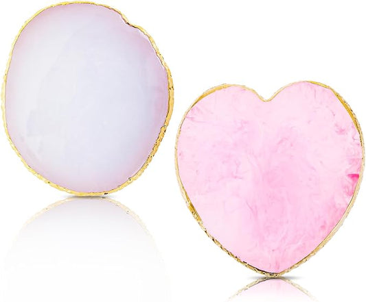 Ouligay 2pcs Heart-Shaped Resin Nail Art Palette, Gold Edge Round Makeup Mixing Palette, Nail Polish Plate, Nail Art Display Board Makeup Plate Cosmetic Mixing Tools