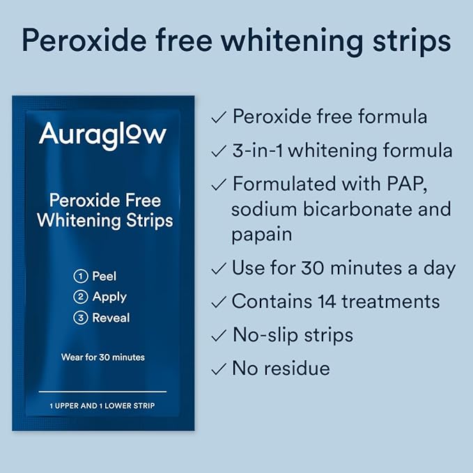 Auraglow Teeth Whitening Strips, Peroxide Free, 14 Treatments, Whitens Teeth Without Sensitivity, Natural Whitening Strips, Removes Years of Stains, Enamel Safe Teeth Whitener, 28 Strips, Mint