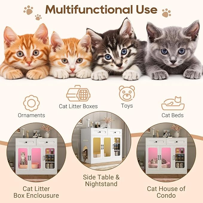 Cat Litter Box Enclosure Furniture with Glass Doors & LED Light, Large Hidden Litter Box Cabinet with Drawers and Adjustable Shelf, Modern Cat Litter Box Cover Side Entry for Living Room Bedroom,White
