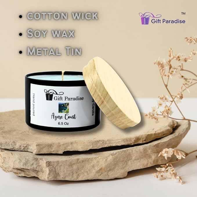 Azure Coast Scented Soy Candle – 6.5 oz Black Metal Tin – Clean Coastal Fragrance – Natural Soy Wax & Cotton Wick – Non-Toxic, Long-Lasting Burn – Modern Home Candle