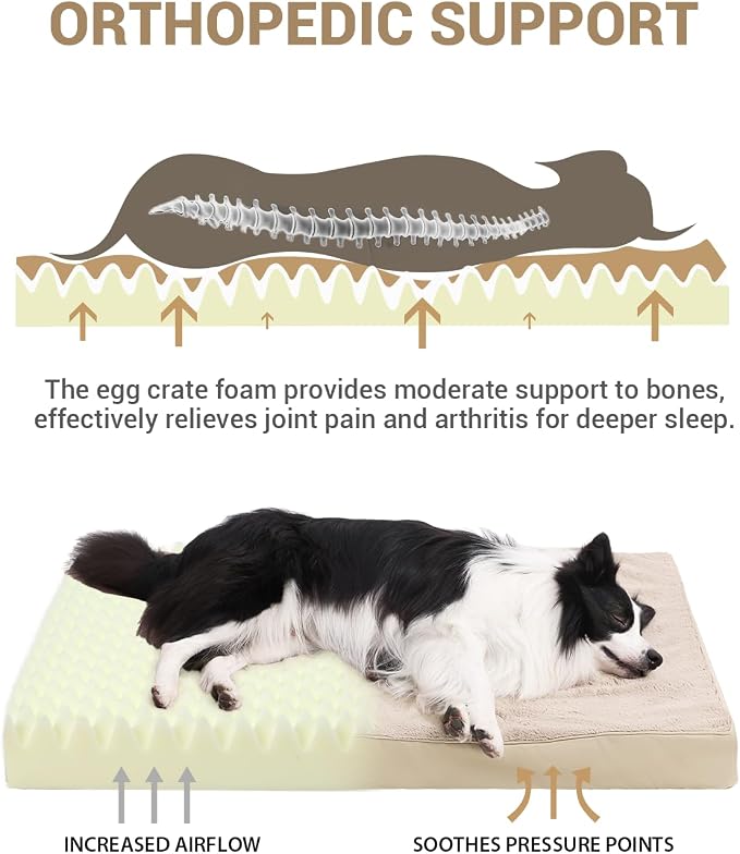 KSIIA Orthopedic Dog Bed for Large Dogs with Waterproof Lining, Khaki,35x22 | Deluxe Soft Plush Dog Crate Bed, Washable Pet Mat with Removable Cover & Egg Crate Foam for Large Dogs Sleeping & Relaxing