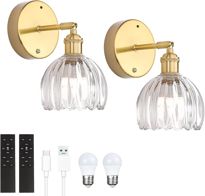 Shenmoyl Battery Operated Vintage Wall Sconces with Transparent Tulip Glass Lampshade Battery Powered Wall Lighting for Bedside Bedroom Doorway, Set of 2