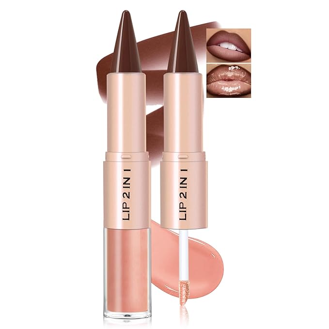 Lip Liner Gloss Lip Combo Set, 2 in 1 Lip Duo Dark Brown Lip Liner Lipstick Glossy Nourishing Nude Peach Gloss Lip Kit,Smooth Quick Fuller Plumping Juicy Lip Makeup for Women12#Brown Peach