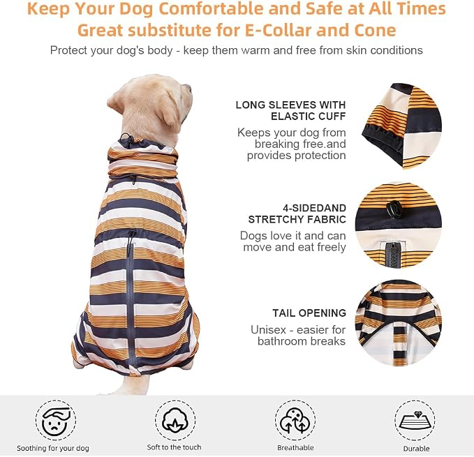 Dog Pajamas for Large Dogs,Extra Large Stretch, Suitable for Adult, Medium-Sized Dogs, Large Pet Jumpsuit Four-Legged Dog Clothes, Pet Clothing. (Yellow-Black Bar, 2XL)