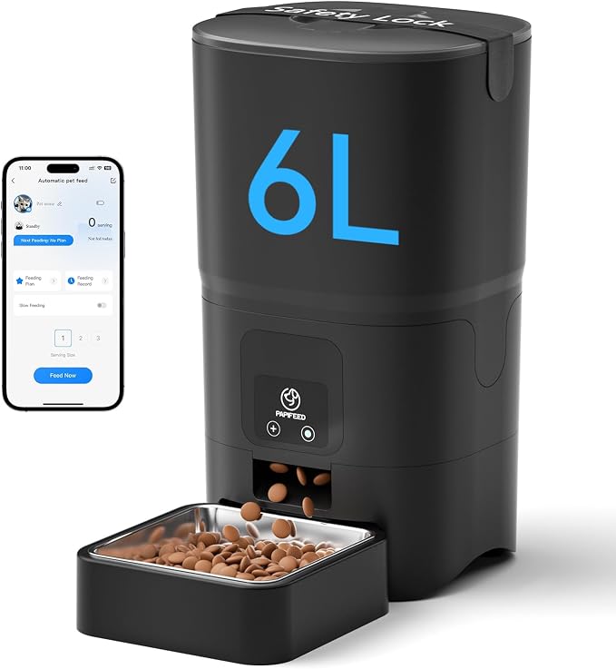 PAPIFEED Automatic Cat Feeder with App, 2.4G WiFi Cat Food Dispenser, 6L Timed Cat Feeder for Dry Food, 10 Meals/Day, 12 Portions/Meal, Dual Power Supply Smart Pet Feeder for Small Dog, Black
