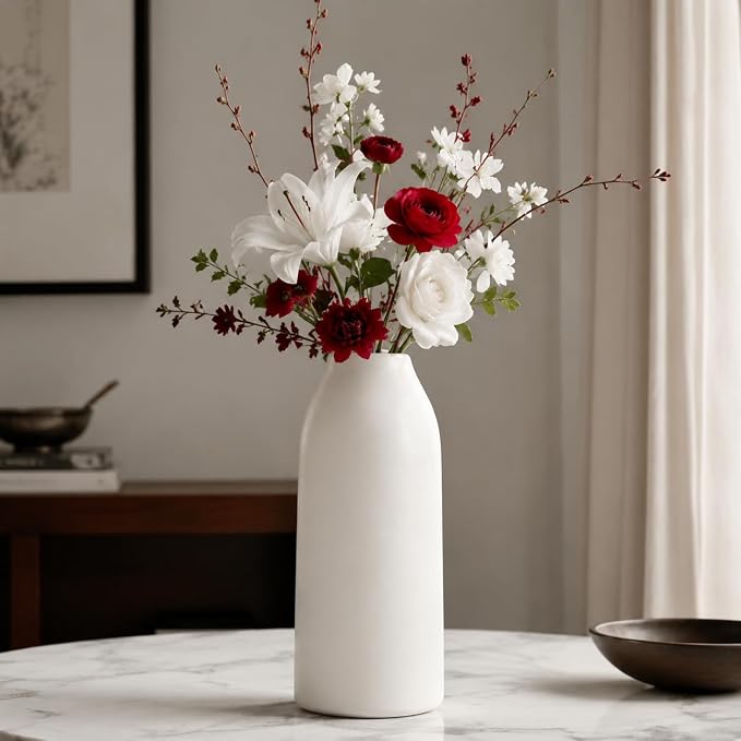 hjn 12 Inch White Ceramic Vase for Flowers, Matte Tall Modern Vase for Decor Minimalist Flower Vase for Home Decor Living Room Tabletop Centerpiece