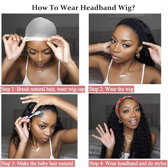Human Hair Headband Wig Water Wave Human Hair Wigs for Black Women Brazilian Virgin Hair Glueless None Lace Front Wigs 150% Density (16" Headband wigs)
