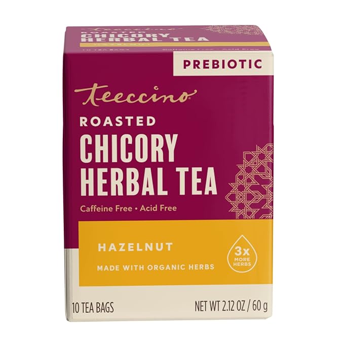 Teeccino Hazelnut Roasted Herbal Tea - Caffeine Free, Prebiotic, 3x More Herbs - 10 Tea Bags