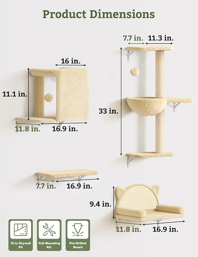 5-in-1 Cat Wall Shelves, Solid Wood Cat Wall Furniture Set for Indoor Cats | 44 lb per Shelf, 72-Hour Load Tested, Pre-Drilled, Fits 16 in. Stud Drywall & Solid Walls, for Small to Medium Cats