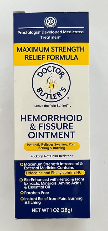Doctor Butler’s Hemorrhoid & Fissure Ointment – Hemorrhoid Treatment and Hemorrhoid Cream with Lidocaine and Phenylephrine HCI for Fast Acting Relief of Pain, Swelling, Discomfort, and Itching (1 oz.)