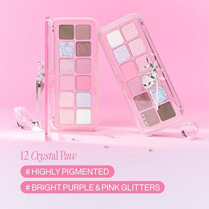 CLIO Pro Eye Palette Air, 12-Color Eye Shadow Palette, Matte Shimmer Mix, Air-Fit Blendable Pigmented Buildable Color, Low Fallout, Cool Light Neutral Tone, Daily Korean Makeup (12 CRYSTAL PAW)