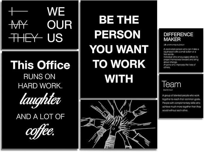 YEOION Motivational Office Wall Art,Inspirational Teamwork Wall Art for Office,Black Positive Teamwork Wall Decor for Workplace Set of 6
