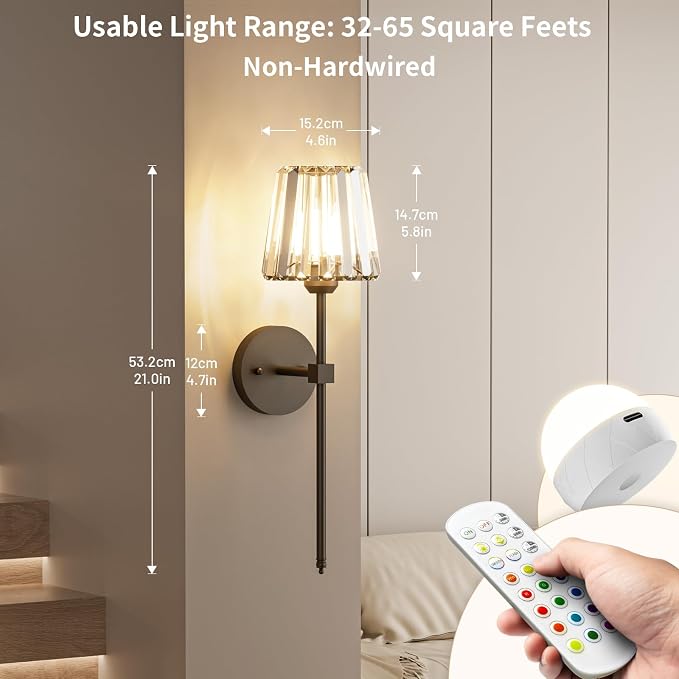 Crystal Battery Operated Wall Sconces Set of 2, Black Rechargeable Wireless Wall Sconce Lights with Crystal Lampshade, 12 RGB and 3CCT Dimmable Wall Lamps with Remote for Bedroom Living Room Hallway