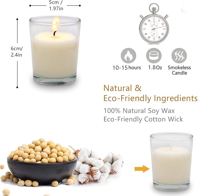 Set of 12 White Votive Candles Clear Glass Filled Unscented Soy Wax Candle for Home Décor Spa Weddings Birthday Holidays Party and DIY