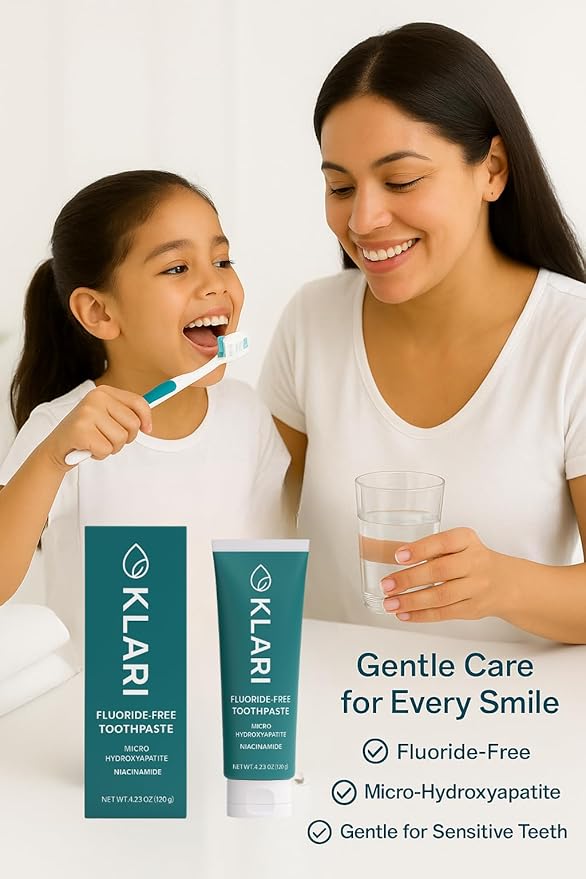 KLARI Fluoride-Free Toothpaste with 7.5% Micro-Hydroxyapatite & 1% Niacinamide | Clean Mint | Gentle for Sensitive Teeth | SLS-Free, Paraben-Free | 4.23 oz